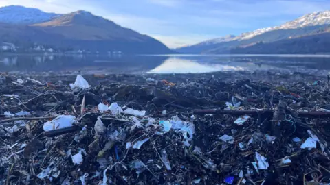 BBC Marine litter sink on the banks of Loch Long at Arrochar