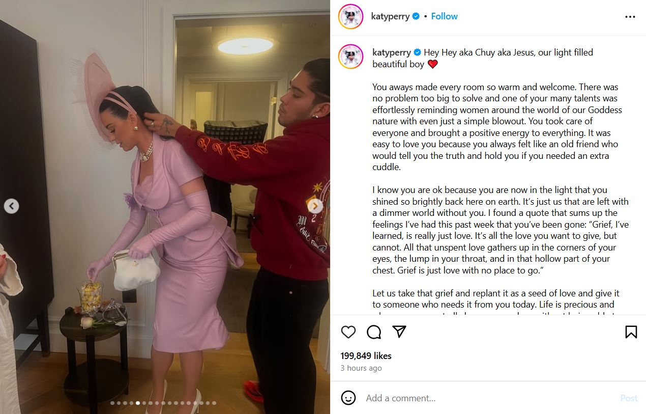 Katy Perry pays heartfelt tribute to hairstylist Jesus Guerrero