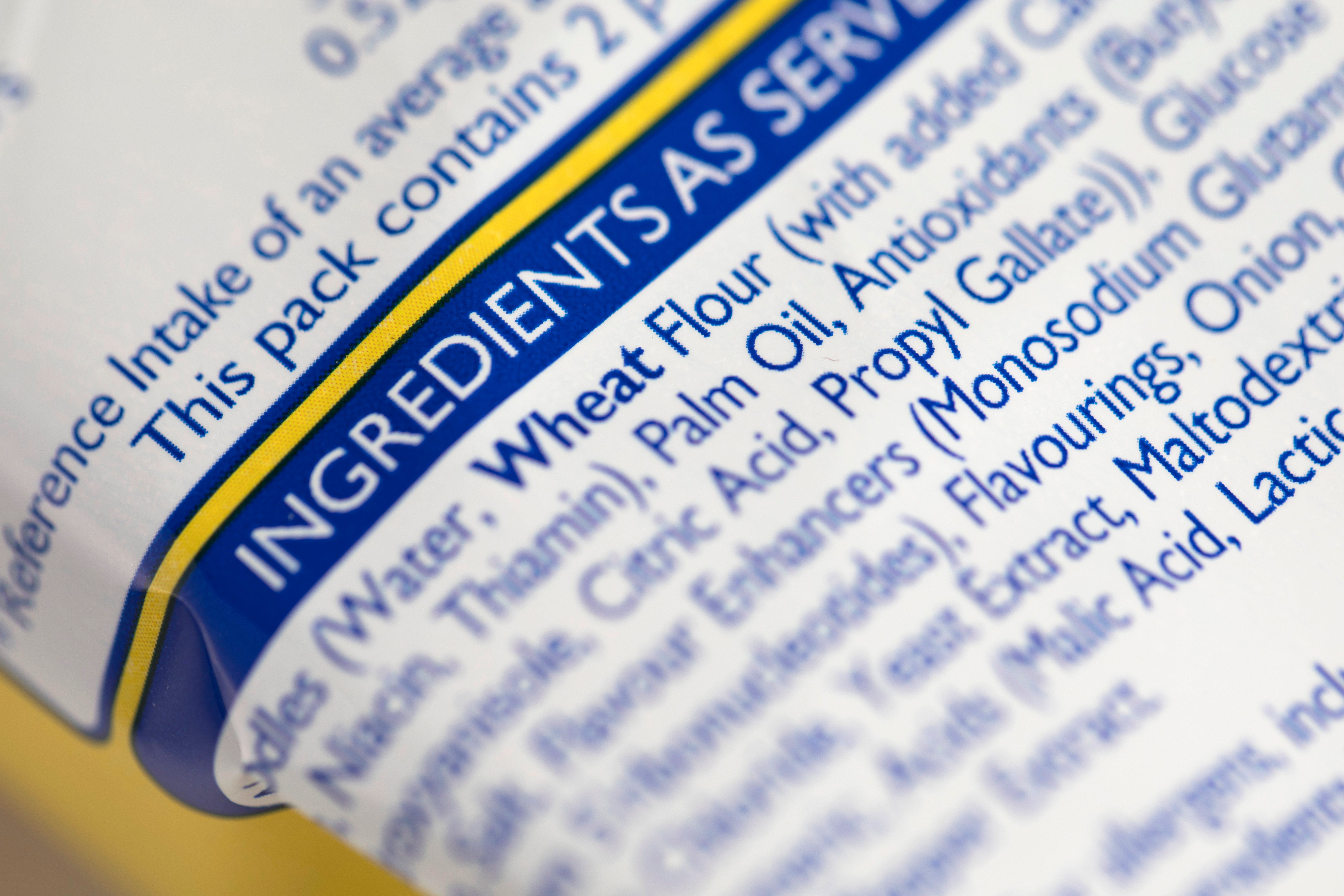The ingredients on a packet of instant noodles
