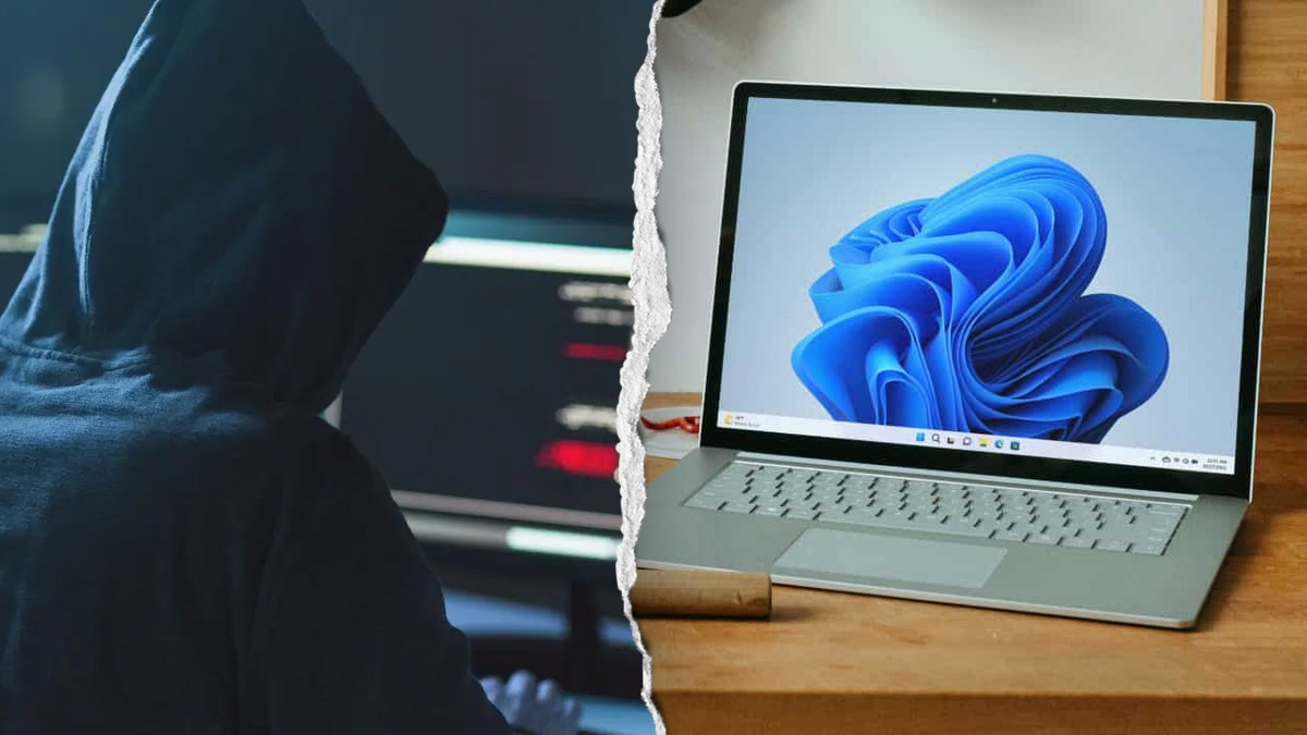 A split image shows a hacker and a Windows laptop.