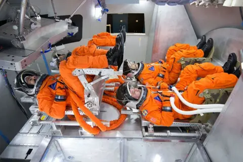 NASA/Robert Markowitz Spacesuit engineers demonstrate how four crew members would be arranged for launch inside the Orion spacecraft