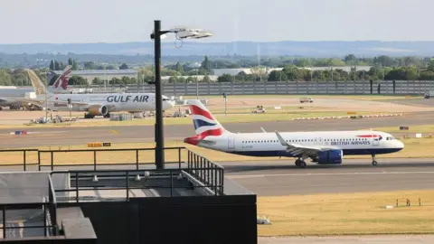 Reuters A plane prepares ahead of taking-off, after radar failure led to the suspension of outbound flights across the UK, at Heathrow Airport in Hounslow, London, Britain, July 30, 2025.