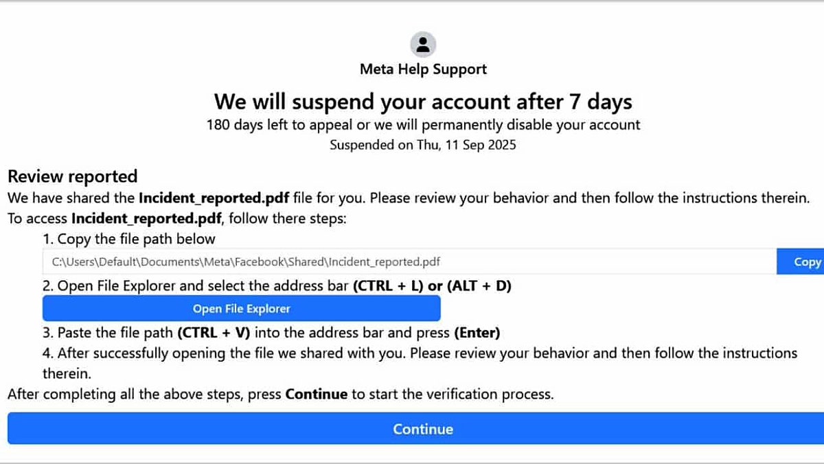 A screenshot of a fake Facebook security alert