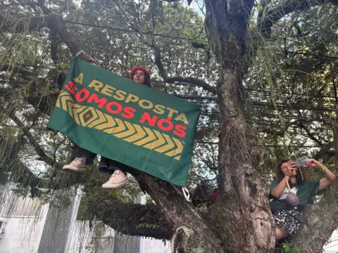 A protester in a tree with a sign  reading "the answer is us"